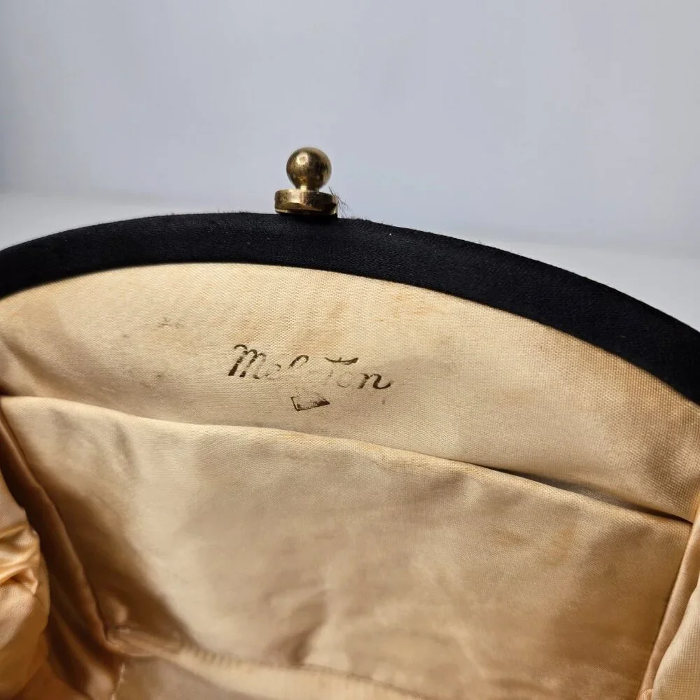 Vintage Mel-Ton Black Satin Mini Clutch Bag Women's Tilt Closure Flipping Strap